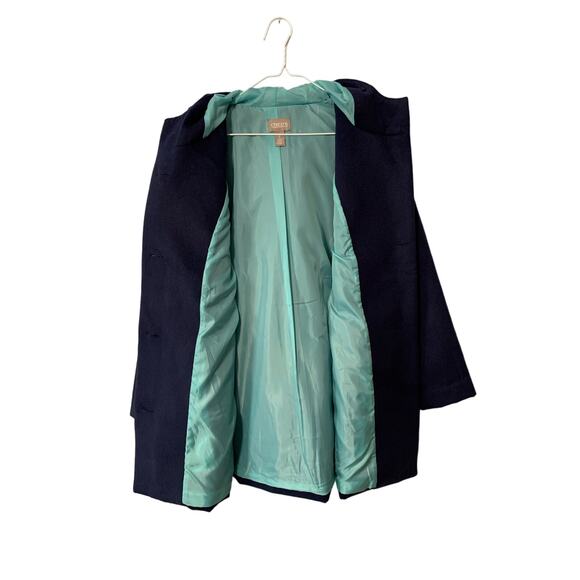 Chico's Hooded Faux Wool Coat Navy Blue With Teal Lining Mid Length Sz 1 (S) - Picture 3 of 16